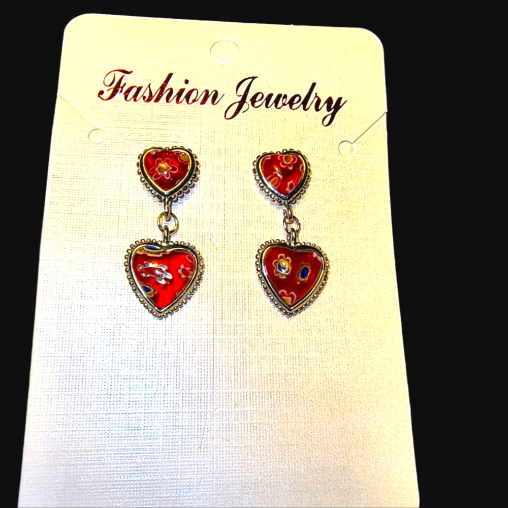 Red Millefiori Glass Heart & Stainless Steel Earrings